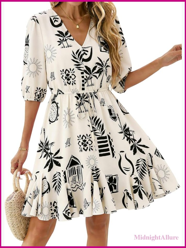 Women Summer Floral Boho Mini Dress V Neck Short Sleeve Ruffle Beach Wedding